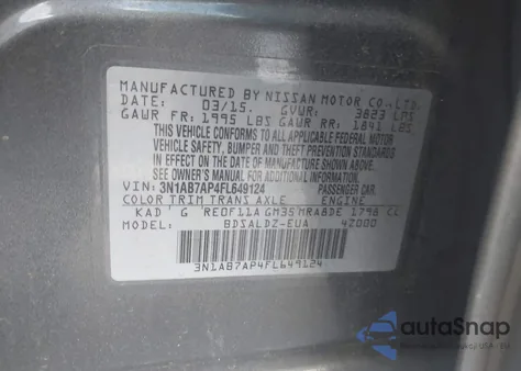 2015 Nissan Sentra Fe+ S/S/Sl/Sr/Sv z USA, uszkodzony, nr VIN 3N1AB7AP4FL649124